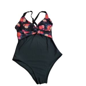New Tournesol Black Pink Floral One Piece Crisscross Back Swimsuit Size Medium